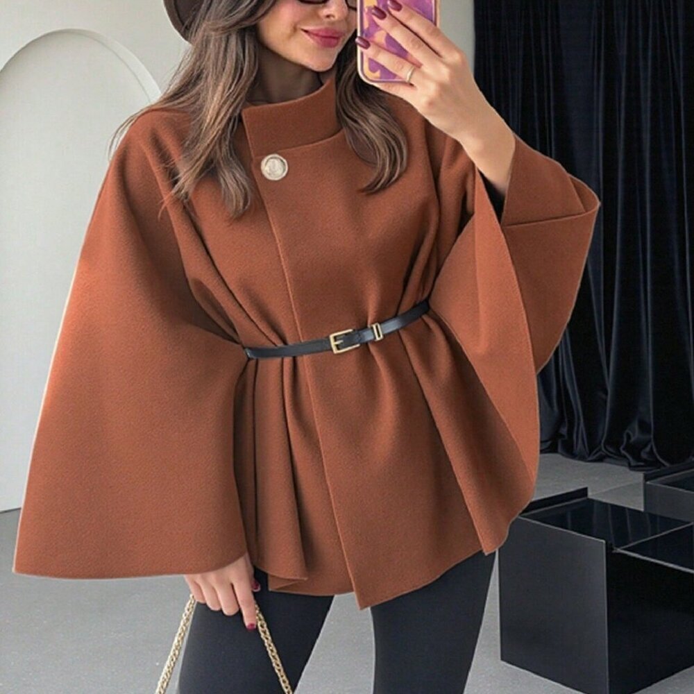 Brown Elegant Womens Stand Collar Loose Poncho Cloak Jacket